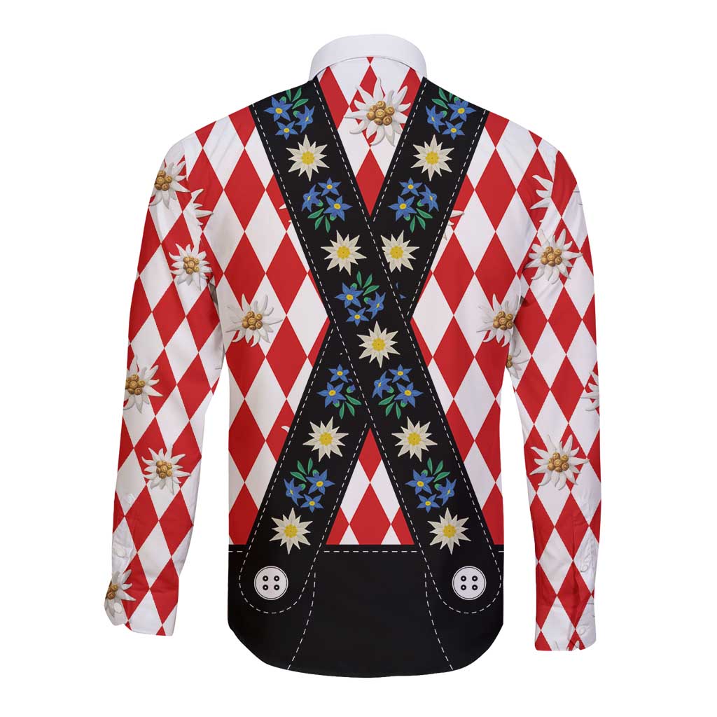 Bavaria Traditional Lederhosen Costume Long Sleeve Button Shirt Bavaria Emblem -  Red Plaid Pattern with Edelweiss Flowers