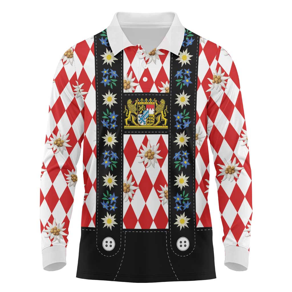 Bavaria Traditional Lederhosen Costume Long Sleeve Polo Shirt Bavaria Emblem -  Red Plaid Pattern with Edelweiss Flowers - Wonder Print Shop