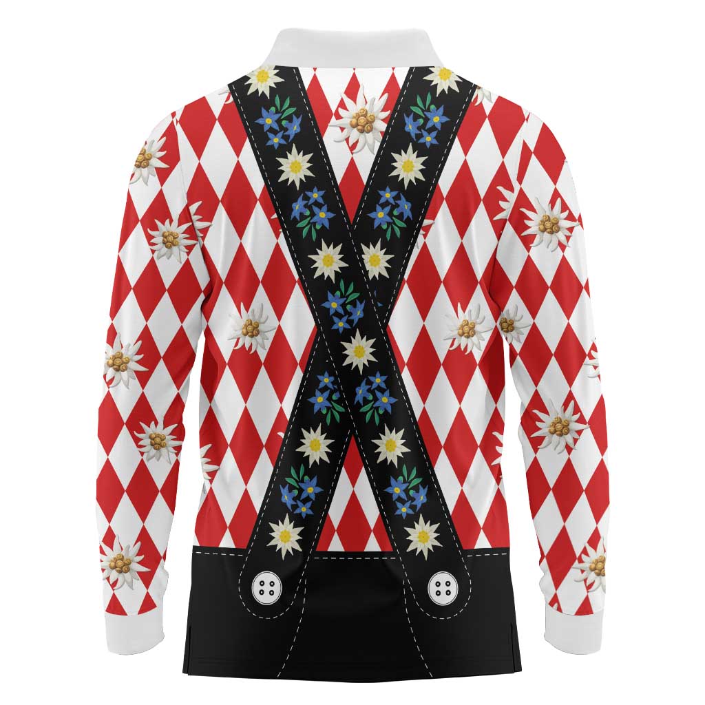 Bavaria Traditional Lederhosen Costume Long Sleeve Polo Shirt Bavaria Emblem -  Red Plaid Pattern with Edelweiss Flowers - Wonder Print Shop