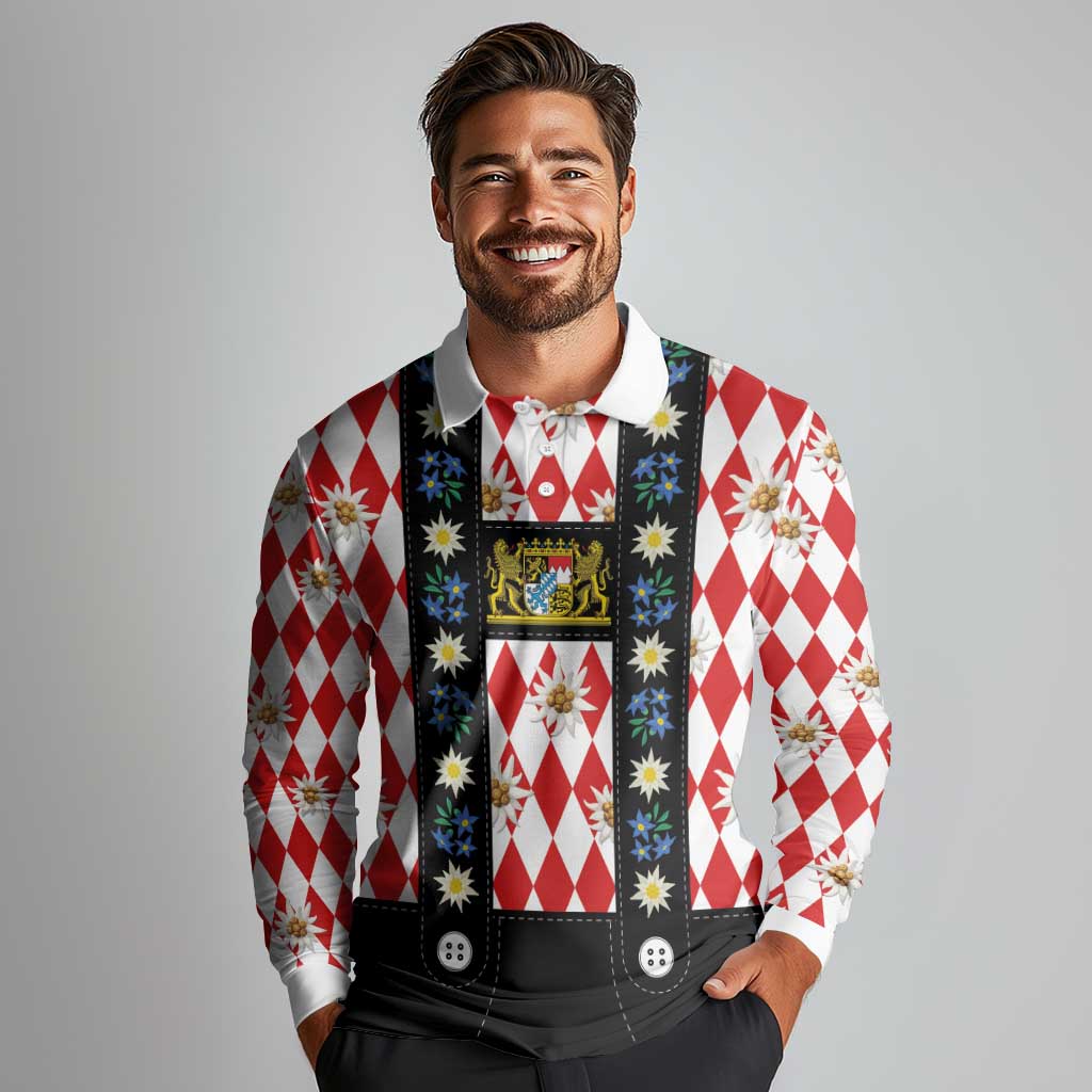 Bavaria Traditional Lederhosen Costume Long Sleeve Polo Shirt Bavaria Emblem -  Red Plaid Pattern with Edelweiss Flowers - Wonder Print Shop