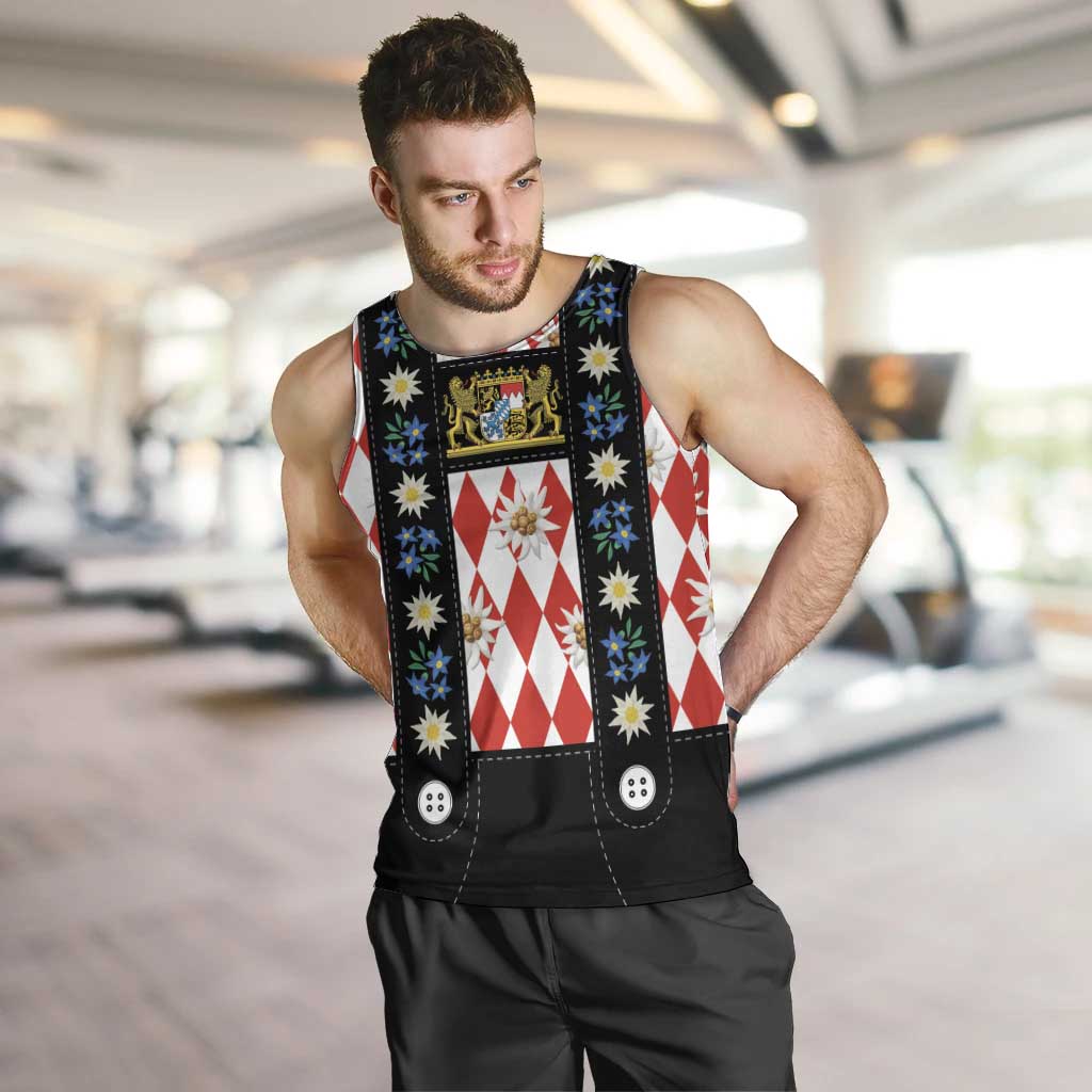 Bavaria Traditional Lederhosen Costume Men Tank Top Bavaria Emblem -  Red Plaid Pattern with Edelweiss Flowers - Wonder Print Shop
