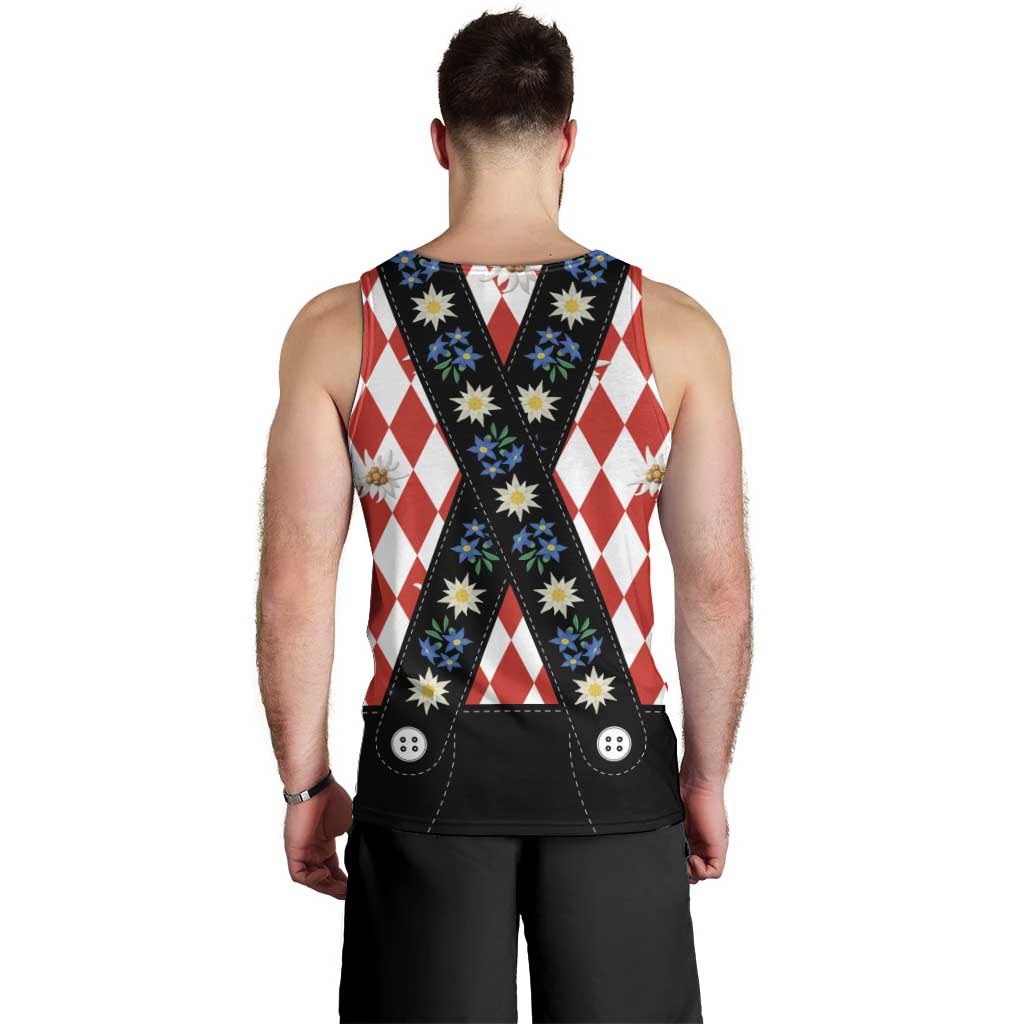 Bavaria Traditional Lederhosen Costume Men Tank Top Bavaria Emblem -  Red Plaid Pattern with Edelweiss Flowers - Wonder Print Shop