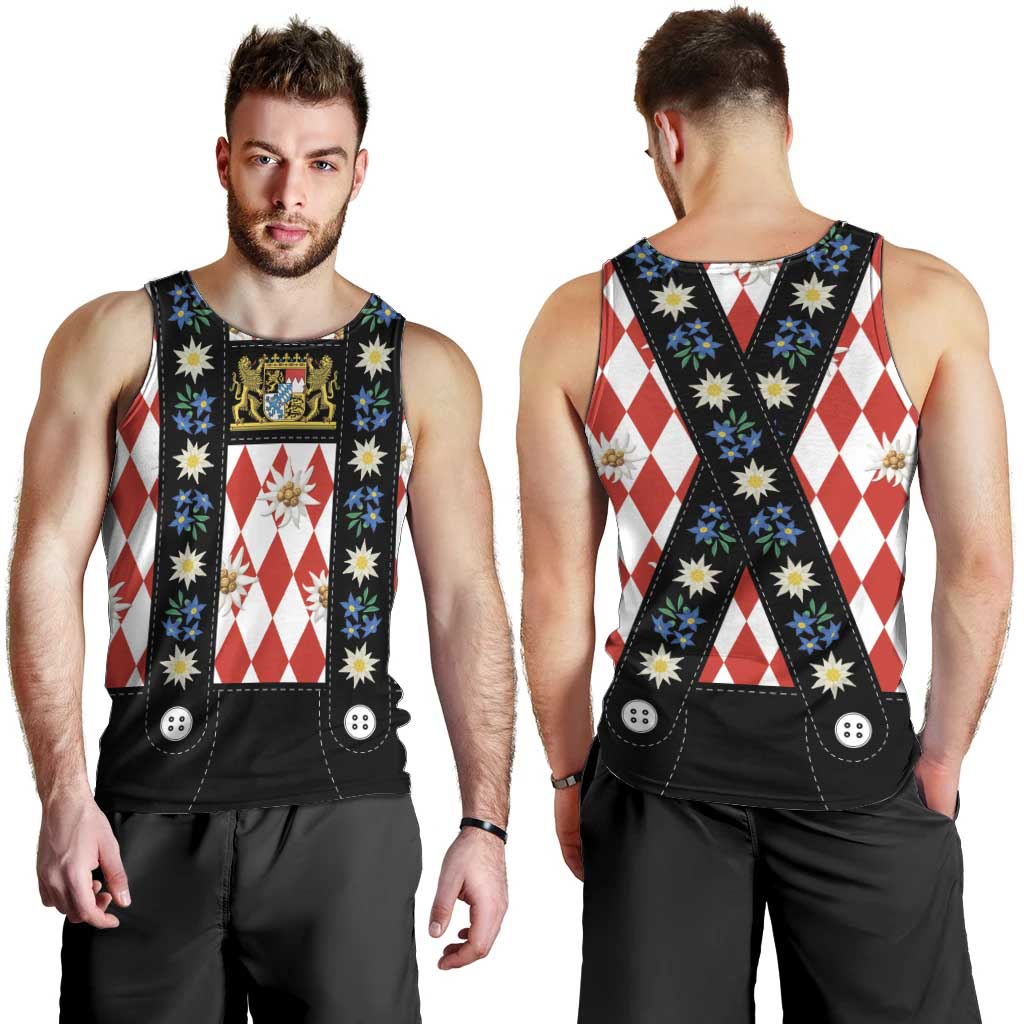 Bavaria Traditional Lederhosen Costume Men Tank Top Bavaria Emblem -  Red Plaid Pattern with Edelweiss Flowers - Wonder Print Shop