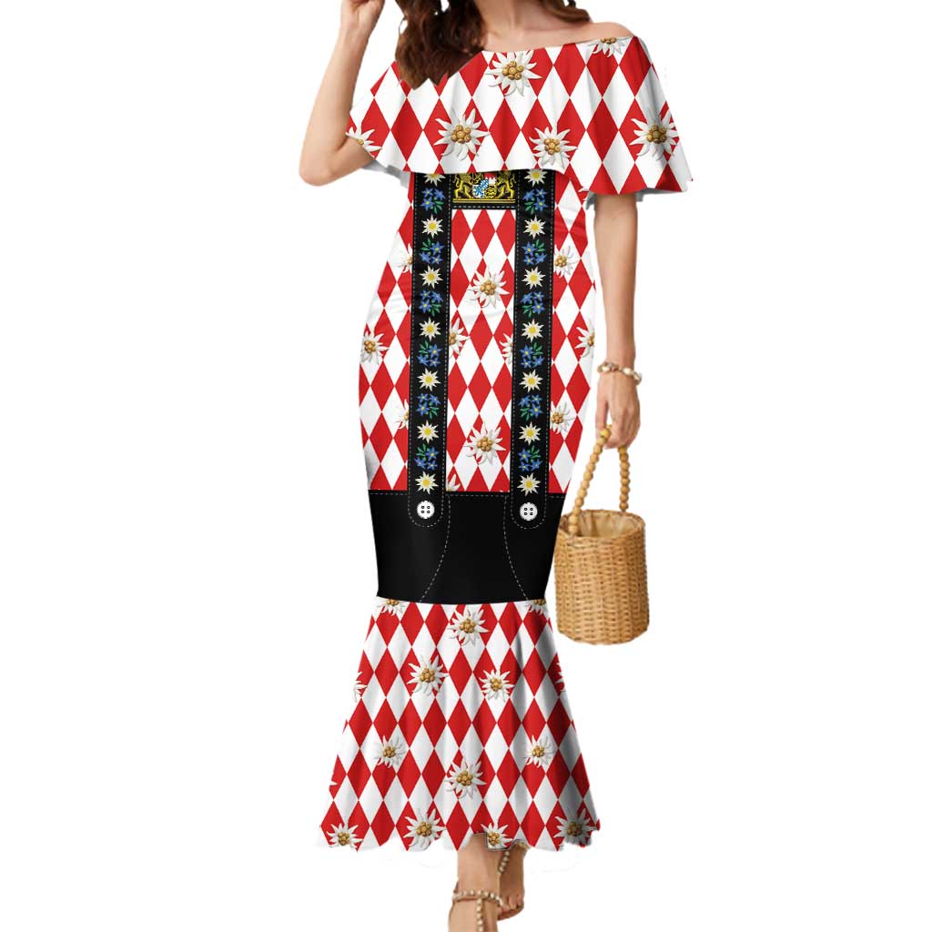 Bavaria Traditional Lederhosen Costume Mermaid Dress Bavaria Emblem -  Red Plaid Pattern with Edelweiss Flowers - Wonder Print Shop
