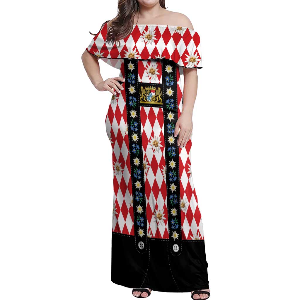 Bavaria Traditional Lederhosen Costume Off Shoulder Maxi Dress Bavaria Emblem -  Red Plaid Pattern with Edelweiss Flowers - Wonder Print Shop