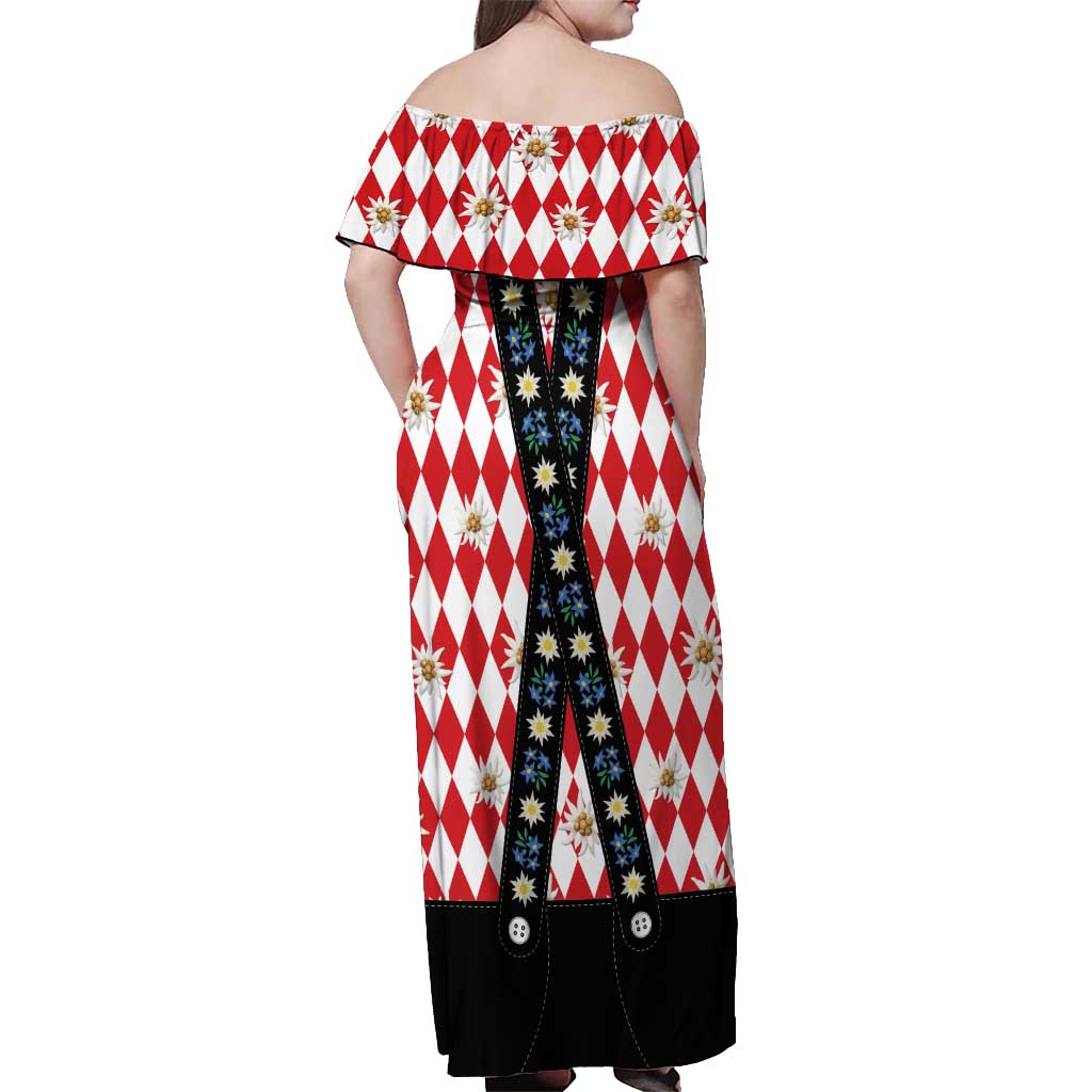 Bavaria Traditional Lederhosen Costume Off Shoulder Maxi Dress Bavaria Emblem -  Red Plaid Pattern with Edelweiss Flowers - Wonder Print Shop