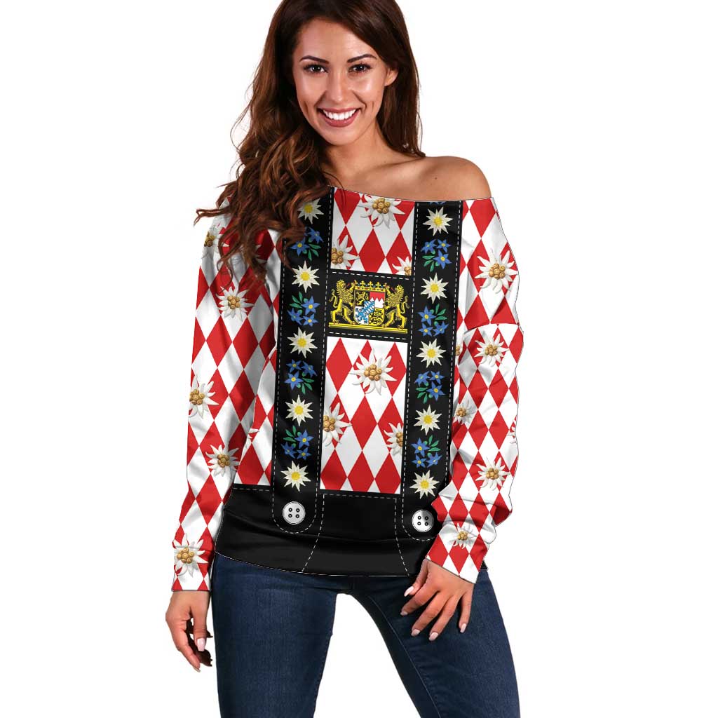 Bavaria Traditional Lederhosen Costume Off Shoulder Sweater Bavaria Emblem -  Red Plaid Pattern with Edelweiss Flowers - Wonder Print Shop