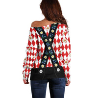 Bavaria Traditional Lederhosen Costume Off Shoulder Sweater Bavaria Emblem -  Red Plaid Pattern with Edelweiss Flowers - Wonder Print Shop