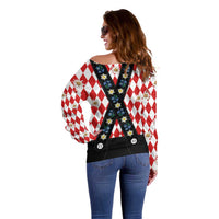 Bavaria Traditional Lederhosen Costume Off Shoulder Sweater Bavaria Emblem -  Red Plaid Pattern with Edelweiss Flowers - Wonder Print Shop