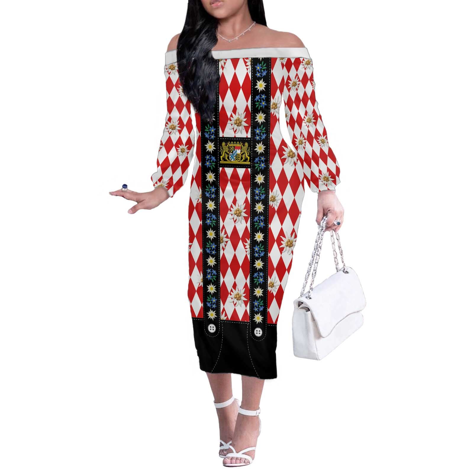 Bavaria Traditional Lederhosen Costume Off The Shoulder Long Sleeve Dress Bavaria Emblem -  Red Plaid Pattern with Edelweiss Flowers - Wonder Print Shop