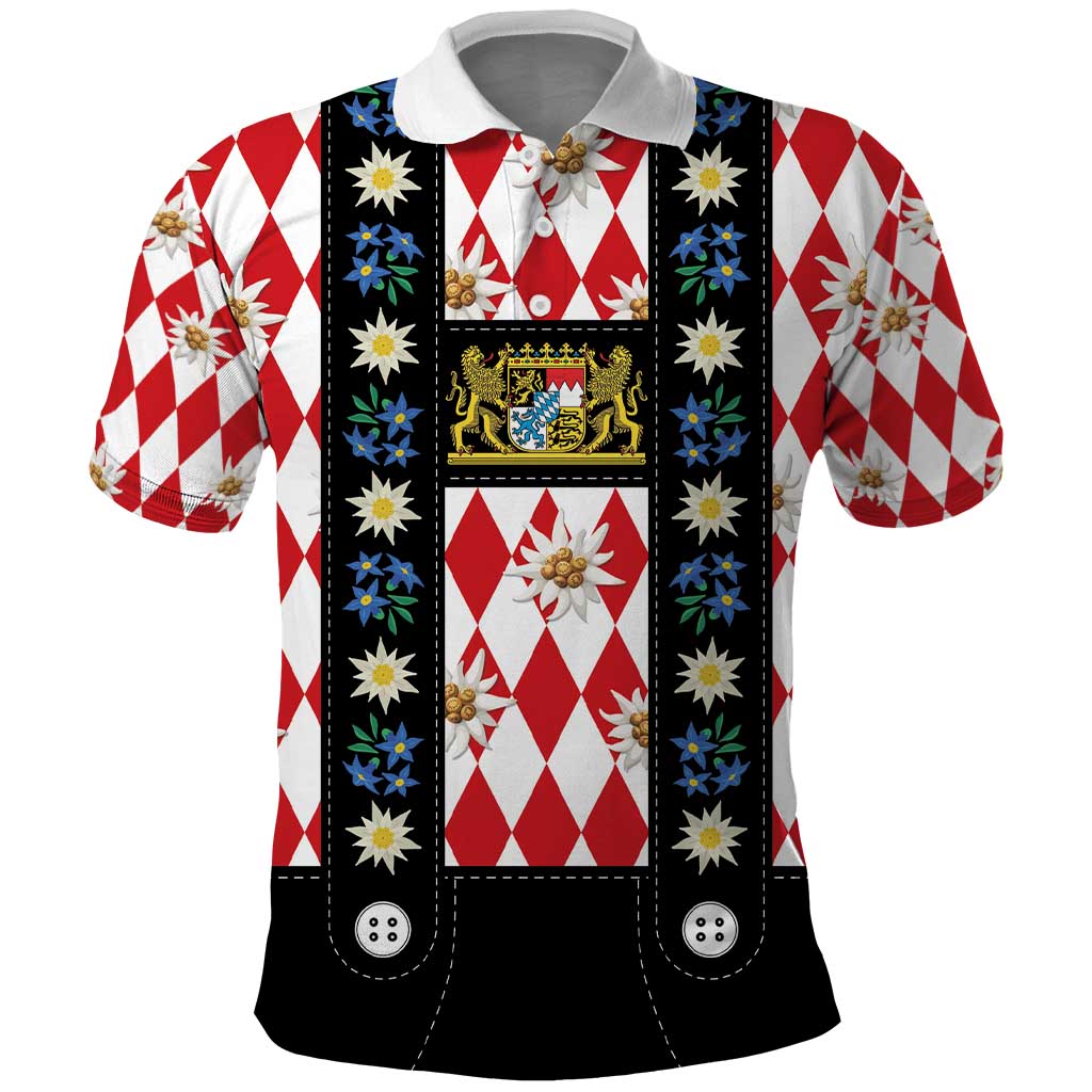 Bavaria Traditional Lederhosen Costume Polo Shirt Bavaria Emblem -  Red Plaid Pattern with Edelweiss Flowers - Wonder Print Shop