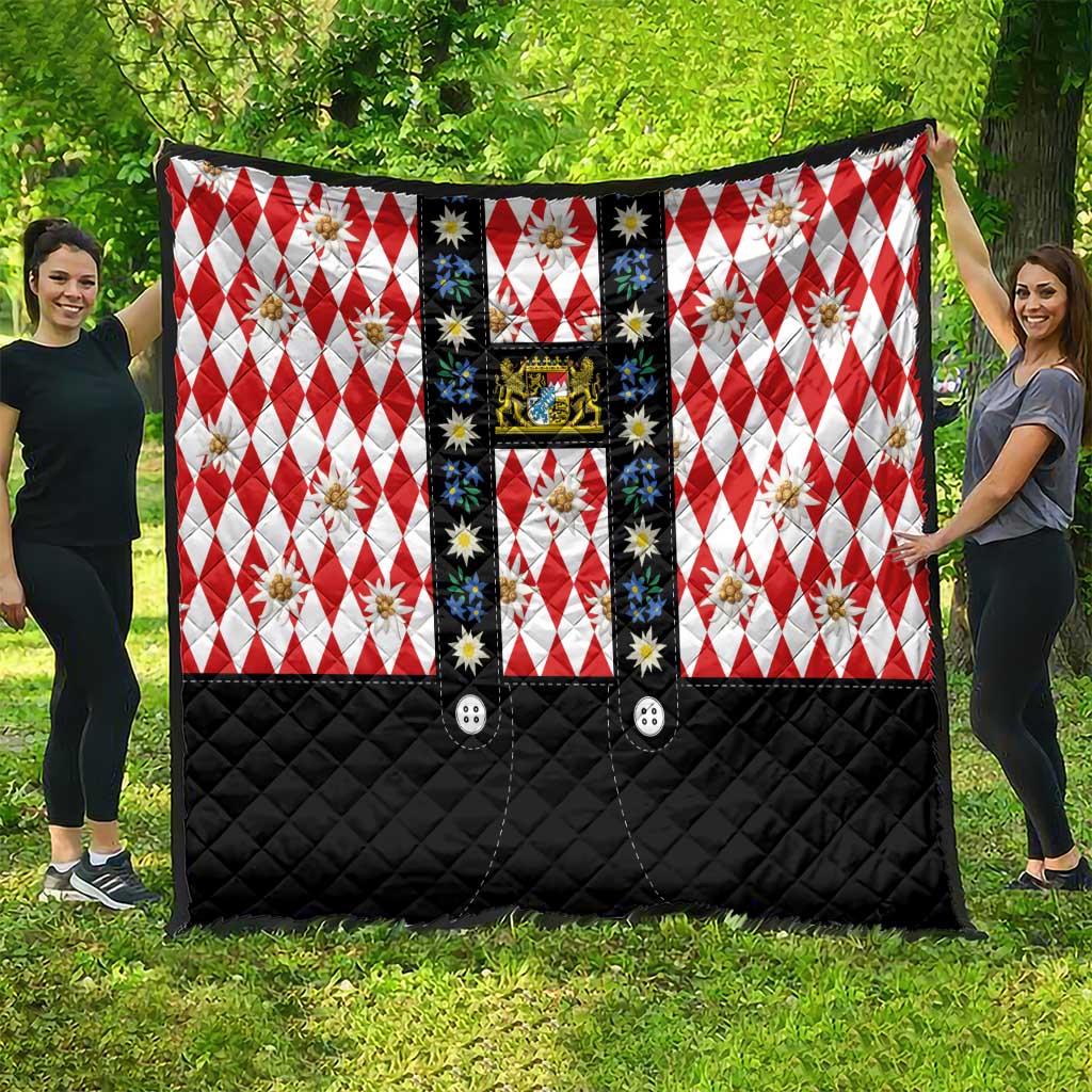 Bavaria Traditional Lederhosen Costume Quilt Bavaria Emblem -  Red Plaid Pattern with Edelweiss Flowers - Wonder Print Shop
