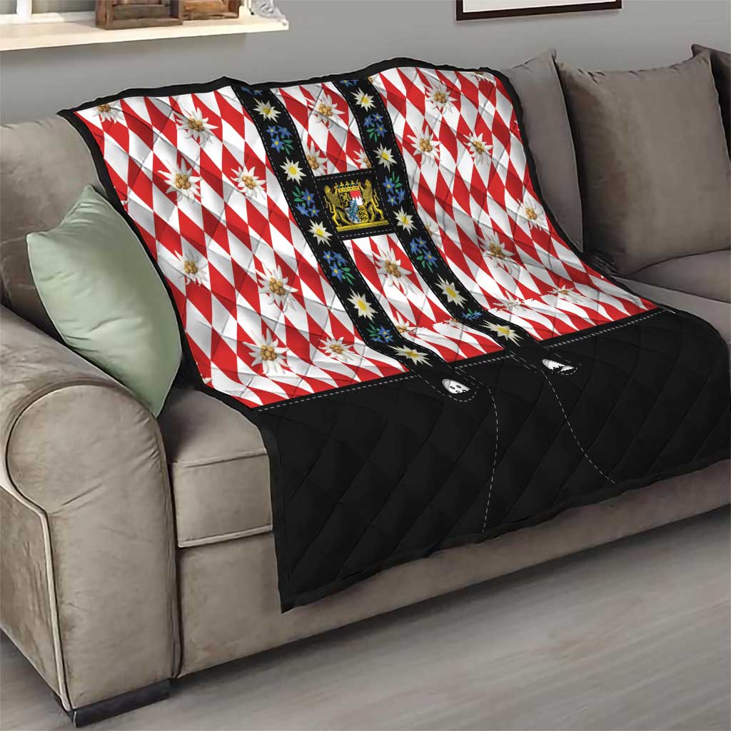 Bavaria Traditional Lederhosen Costume Quilt Bavaria Emblem -  Red Plaid Pattern with Edelweiss Flowers - Wonder Print Shop