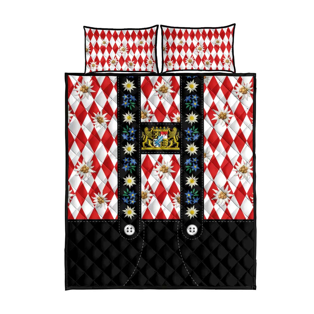 Bavaria Traditional Lederhosen Costume Quilt Bed Set Bavaria Emblem -  Red Plaid Pattern with Edelweiss Flowers - Wonder Print Shop