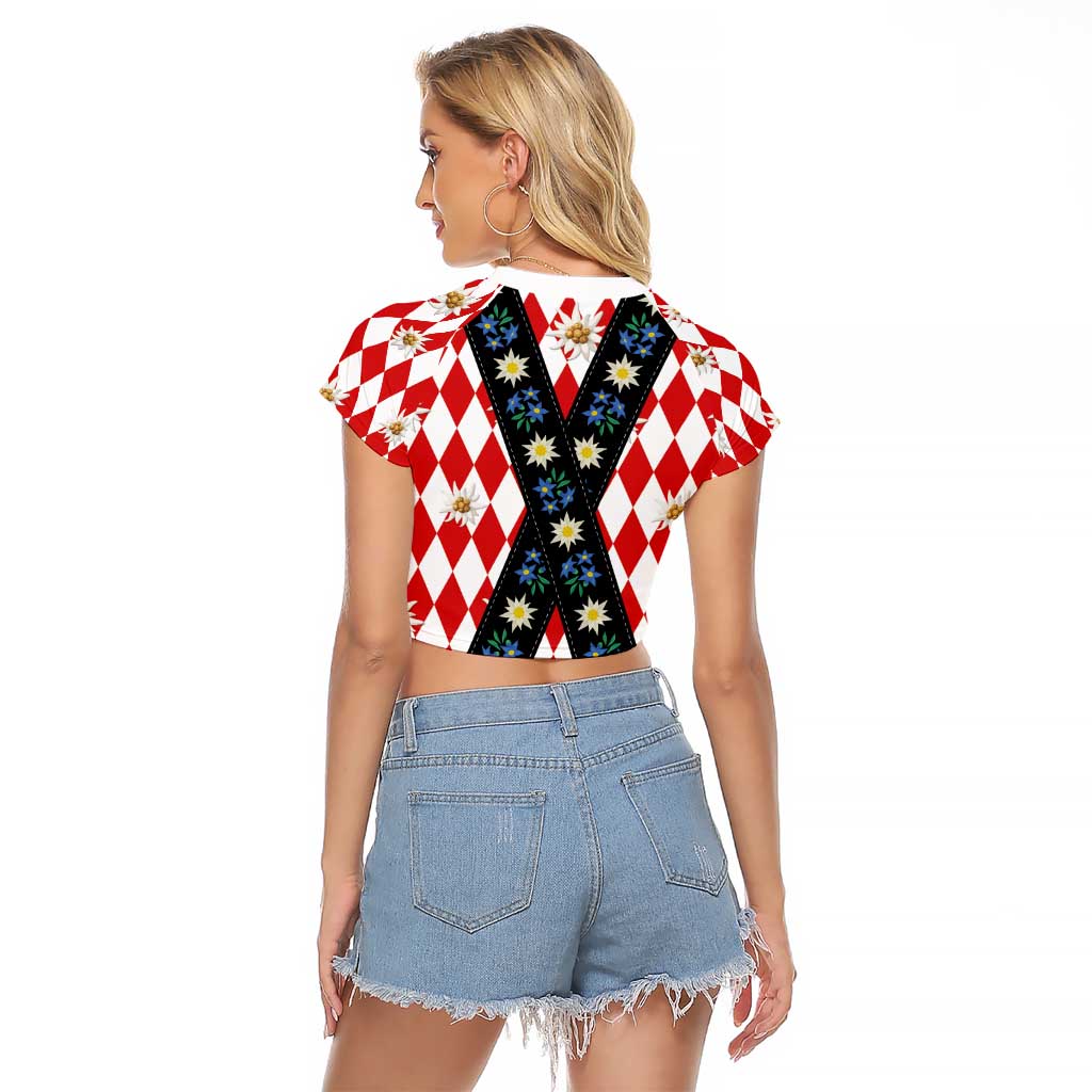 Bavaria Traditional Lederhosen Costume Raglan Cropped T Shirt Bavaria Emblem -  Red Plaid Pattern with Edelweiss Flowers - Wonder Print Shop