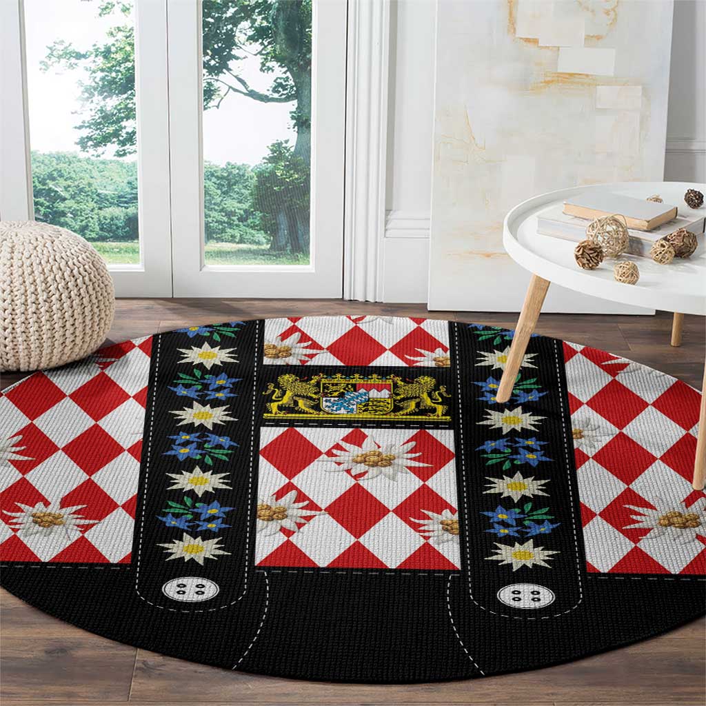 Bavaria Traditional Lederhosen Costume Round Carpet Bavaria Emblem -  Red Plaid Pattern with Edelweiss Flowers - Wonder Print Shop