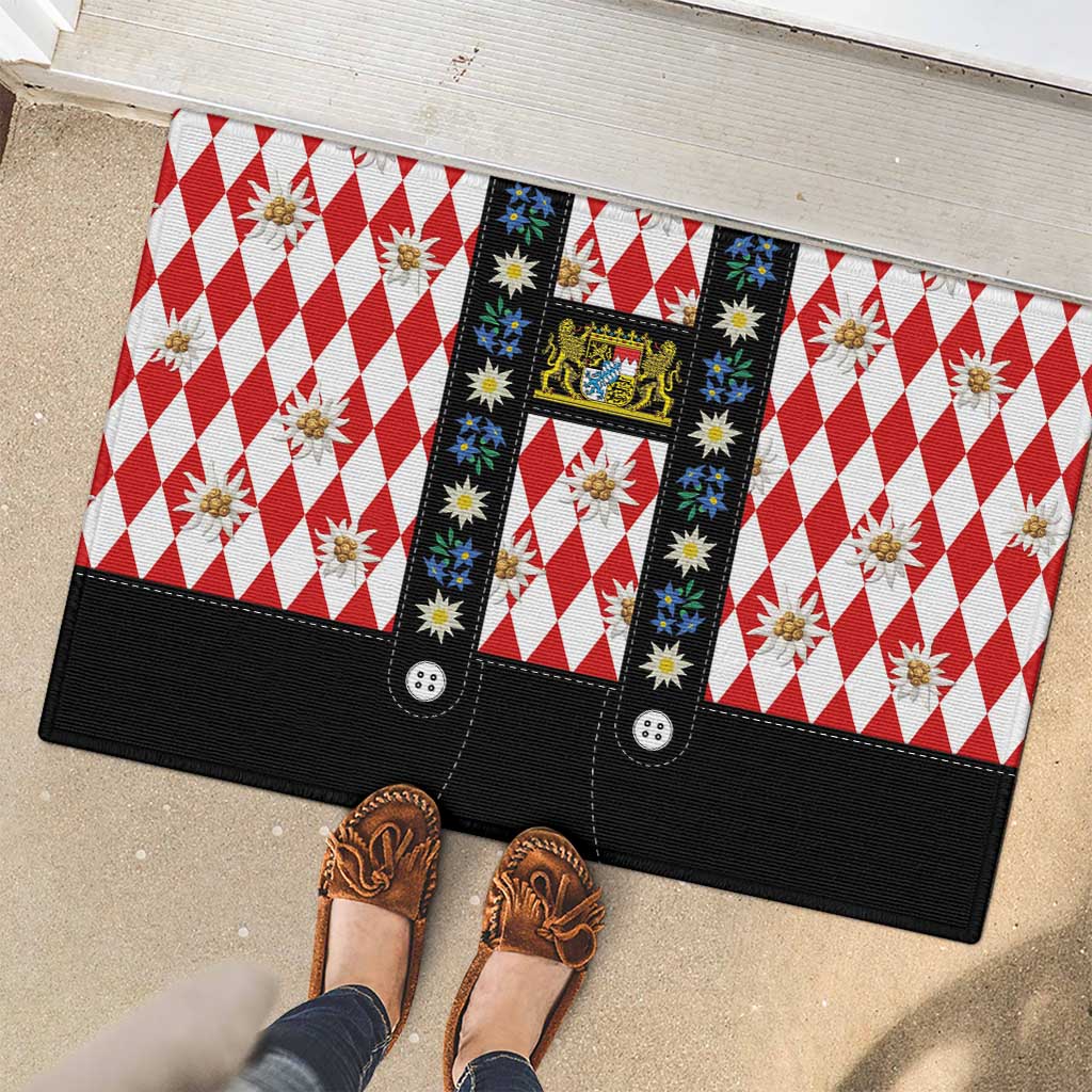 Bavaria Traditional Lederhosen Costume Rubber Doormat Bavaria Emblem -  Red Plaid Pattern with Edelweiss Flowers - Wonder Print Shop