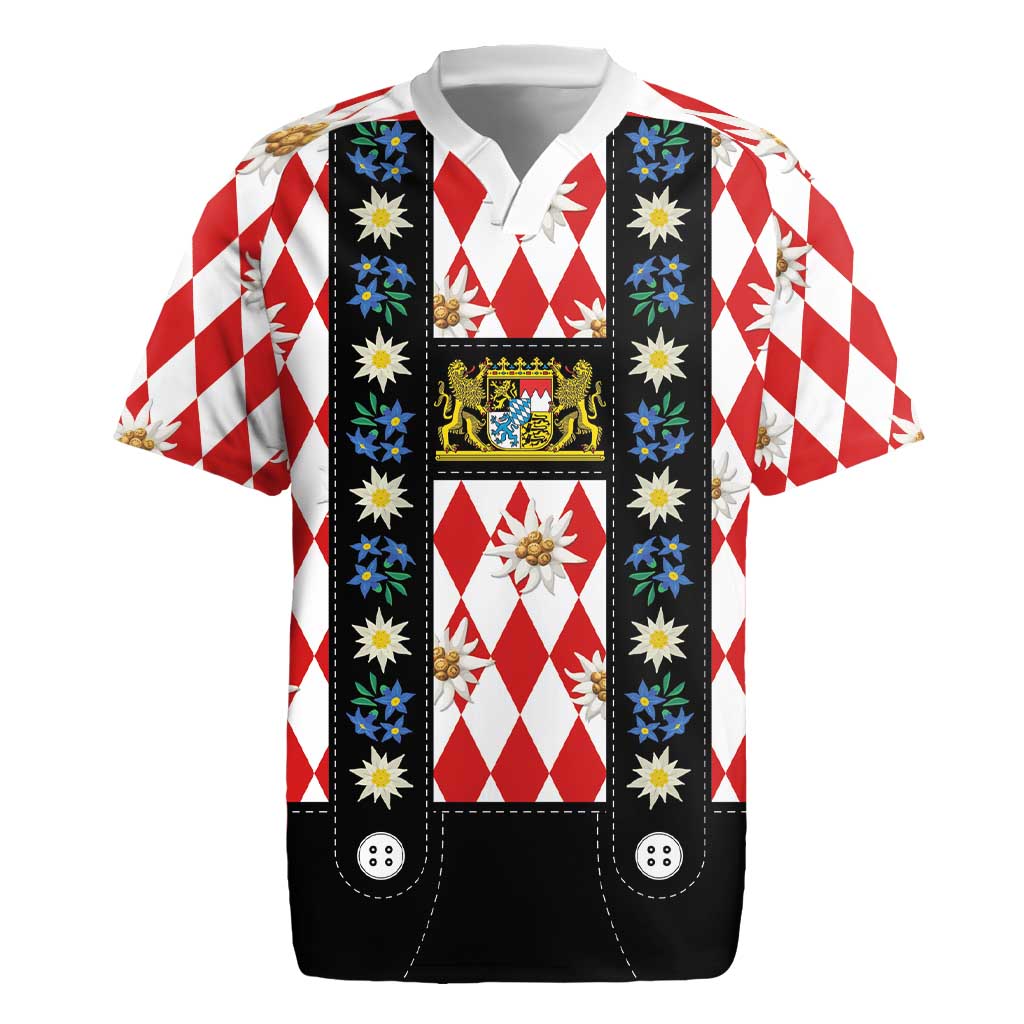 Bavaria Traditional Lederhosen Costume Rugby Jersey Bavaria Emblem -  Red Plaid Pattern with Edelweiss Flowers - Wonder Print Shop