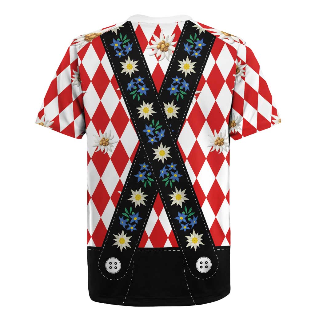 Bavaria Traditional Lederhosen Costume Rugby Jersey Bavaria Emblem -  Red Plaid Pattern with Edelweiss Flowers - Wonder Print Shop
