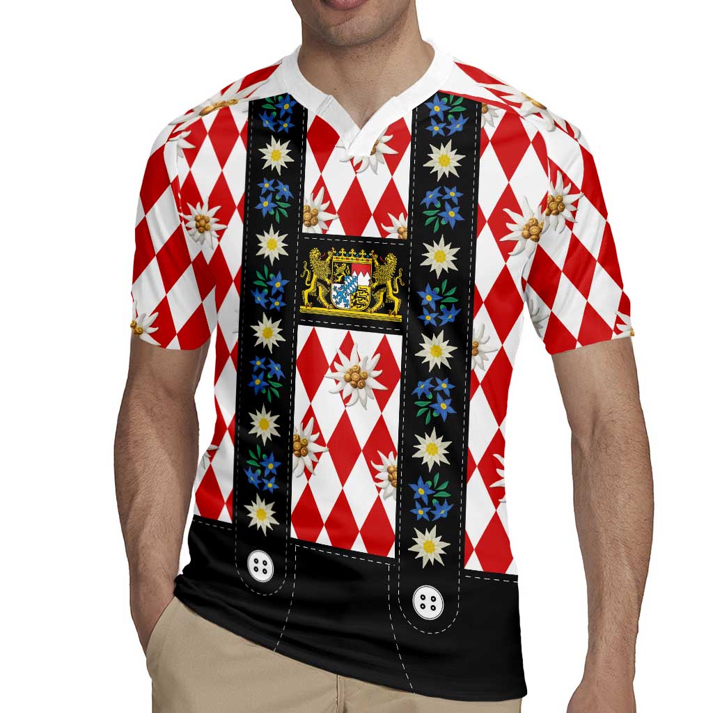 Bavaria Traditional Lederhosen Costume Rugby Jersey Bavaria Emblem -  Red Plaid Pattern with Edelweiss Flowers - Wonder Print Shop
