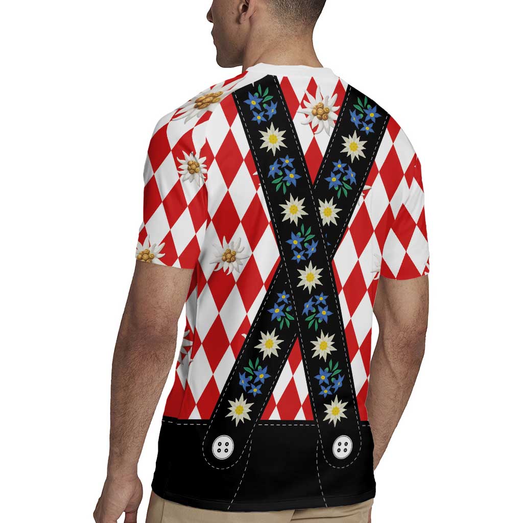 Bavaria Traditional Lederhosen Costume Rugby Jersey Bavaria Emblem -  Red Plaid Pattern with Edelweiss Flowers - Wonder Print Shop