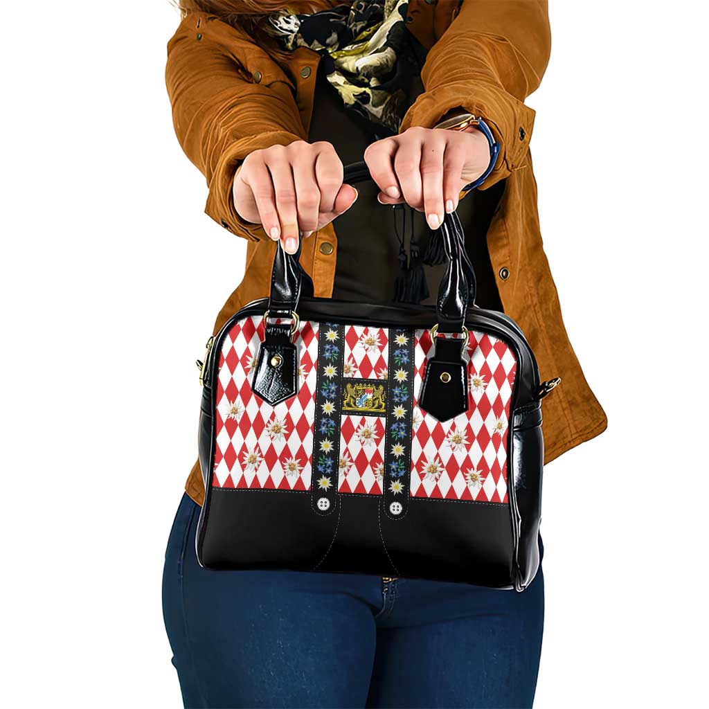 Bavaria Traditional Lederhosen Costume Shoulder Handbag Bavaria Emblem -  Red Plaid Pattern with Edelweiss Flowers - Wonder Print Shop
