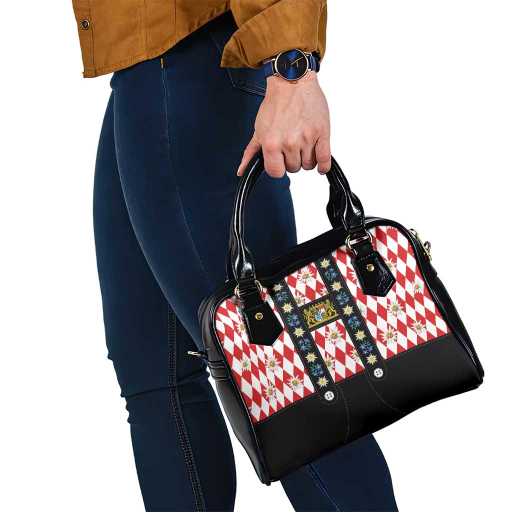 Bavaria Traditional Lederhosen Costume Shoulder Handbag Bavaria Emblem -  Red Plaid Pattern with Edelweiss Flowers - Wonder Print Shop