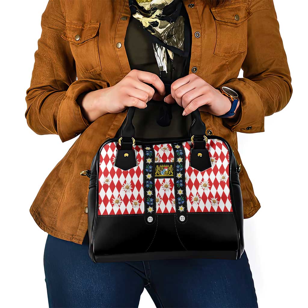 Bavaria Traditional Lederhosen Costume Shoulder Handbag Bavaria Emblem -  Red Plaid Pattern with Edelweiss Flowers - Wonder Print Shop