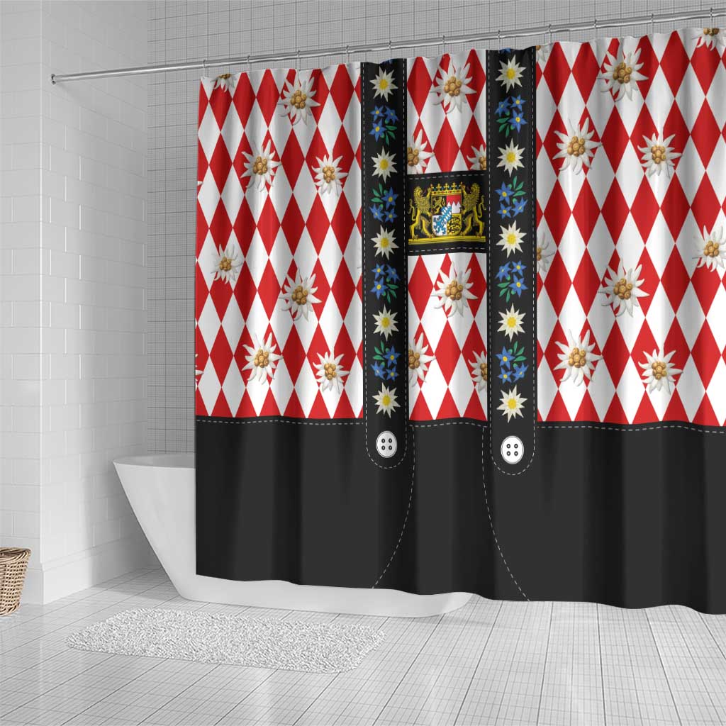 Bavaria Traditional Lederhosen Costume Shower Curtain Bavaria Emblem -  Red Plaid Pattern with Edelweiss Flowers - Wonder Print Shop