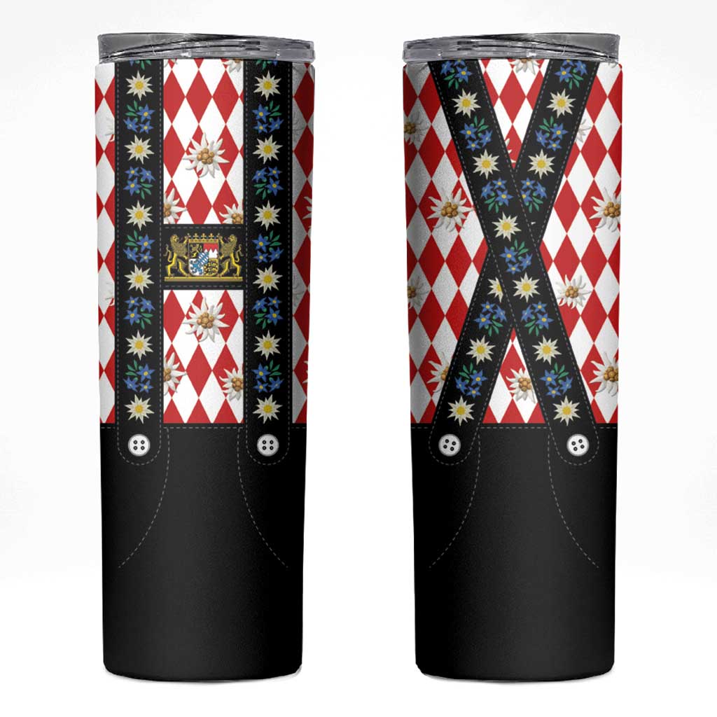 Traditional Bavarian Costume - Lederhosen Skinny Tumbler Bavaria Emblem -  Red Plaid Pattern with Edelweiss Flowers - Wonder Print Shop