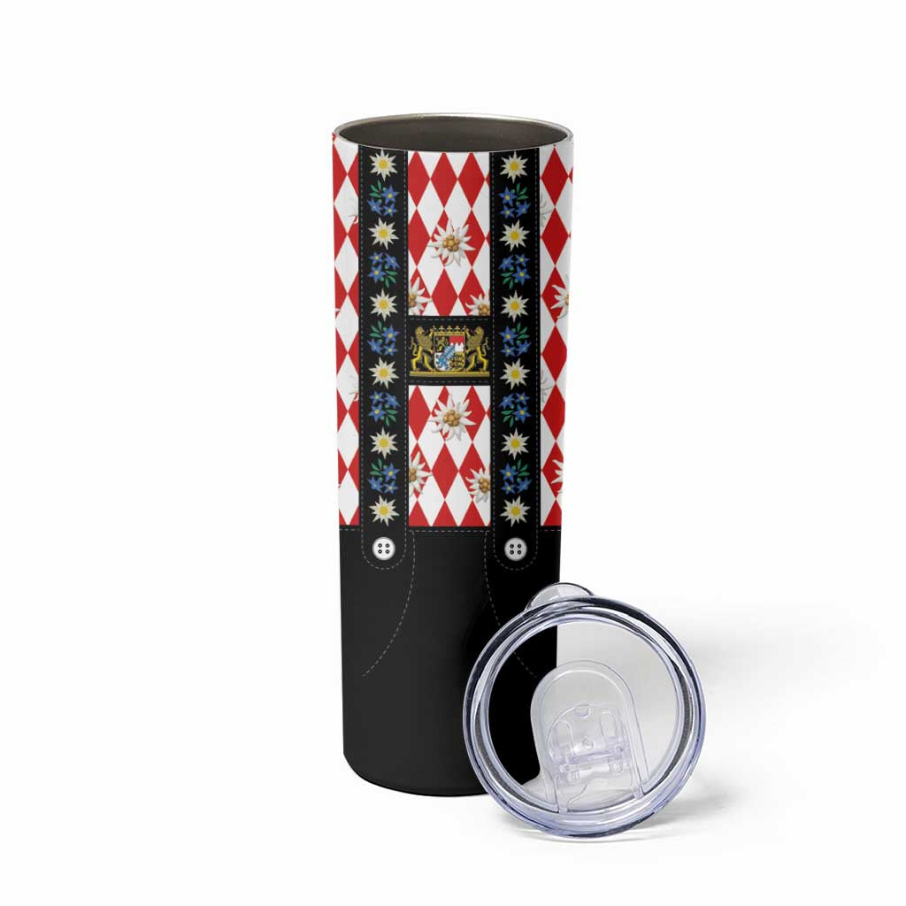 Traditional Bavarian Costume - Lederhosen Skinny Tumbler Bavaria Emblem -  Red Plaid Pattern with Edelweiss Flowers - Wonder Print Shop