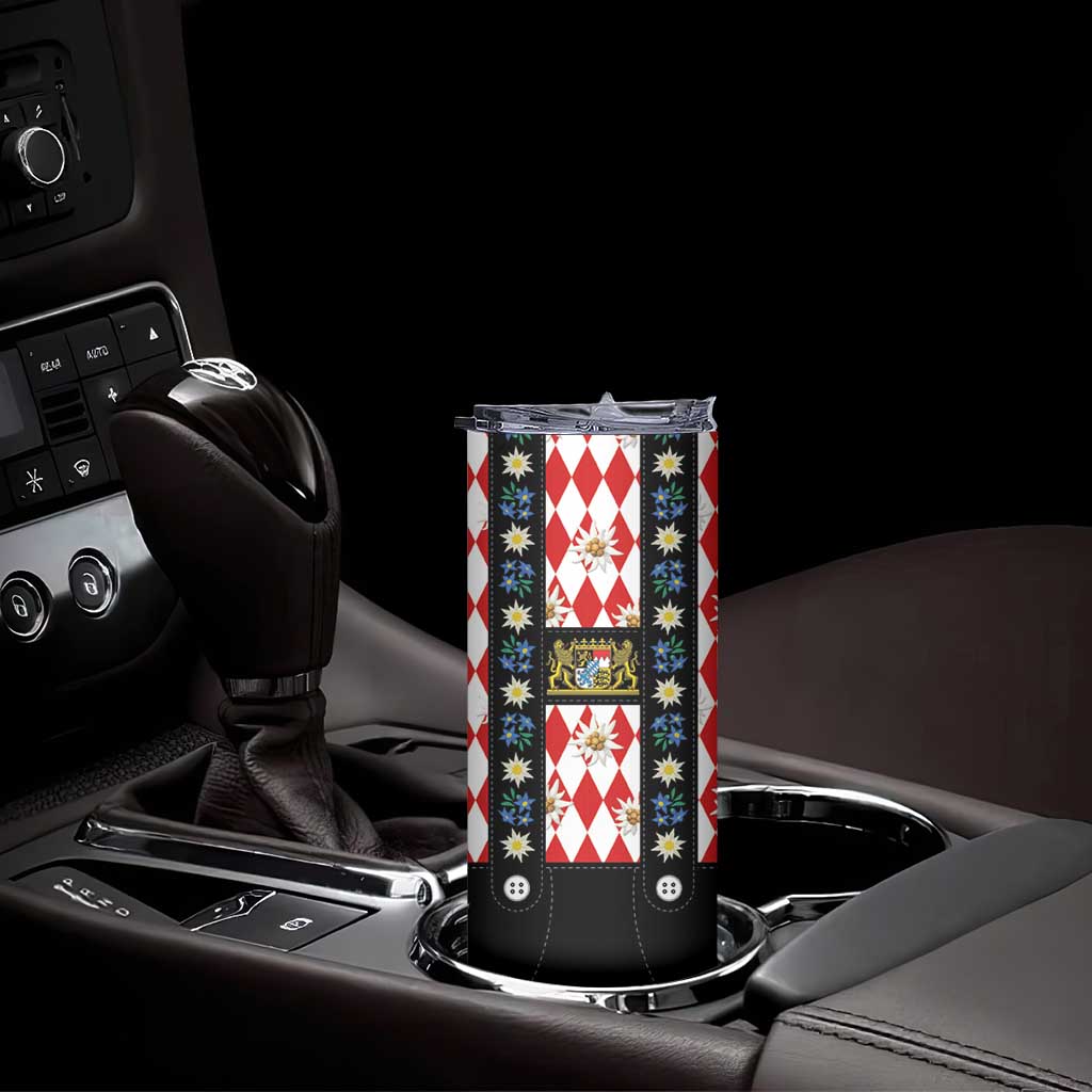 Traditional Bavarian Costume - Lederhosen Skinny Tumbler Bavaria Emblem -  Red Plaid Pattern with Edelweiss Flowers - Wonder Print Shop
