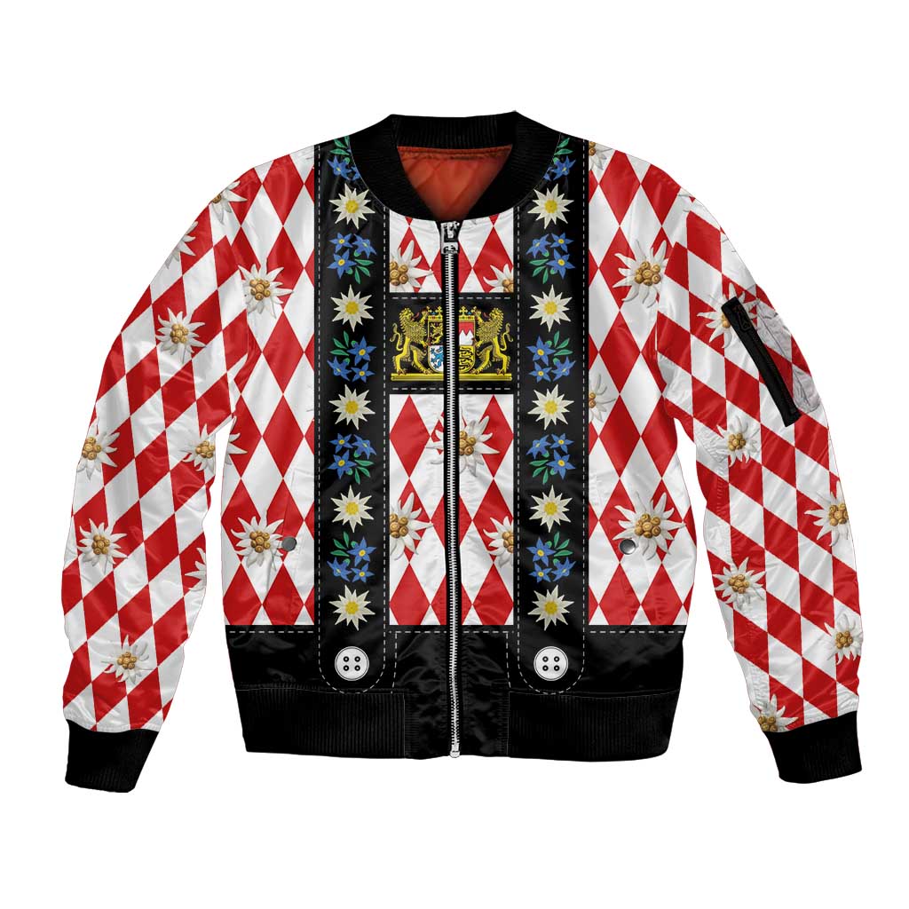 Bavaria Traditional Lederhosen Costume Sleeve Zip Bomber Jacket Bavaria Emblem -  Red Plaid Pattern with Edelweiss Flowers - Wonder Print Shop