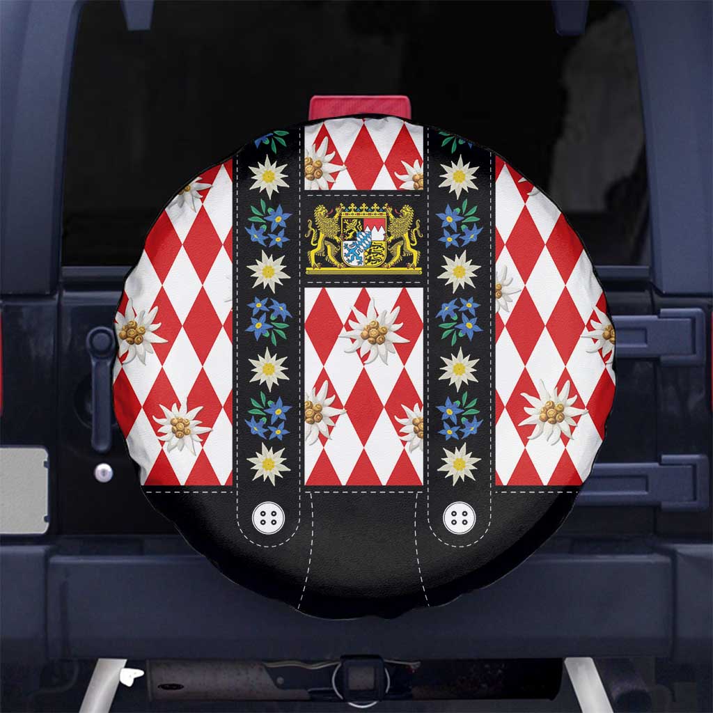 Bavaria Traditional Lederhosen Costume Spare Tire Cover Bavaria Emblem -  Red Plaid Pattern with Edelweiss Flowers - Wonder Print Shop