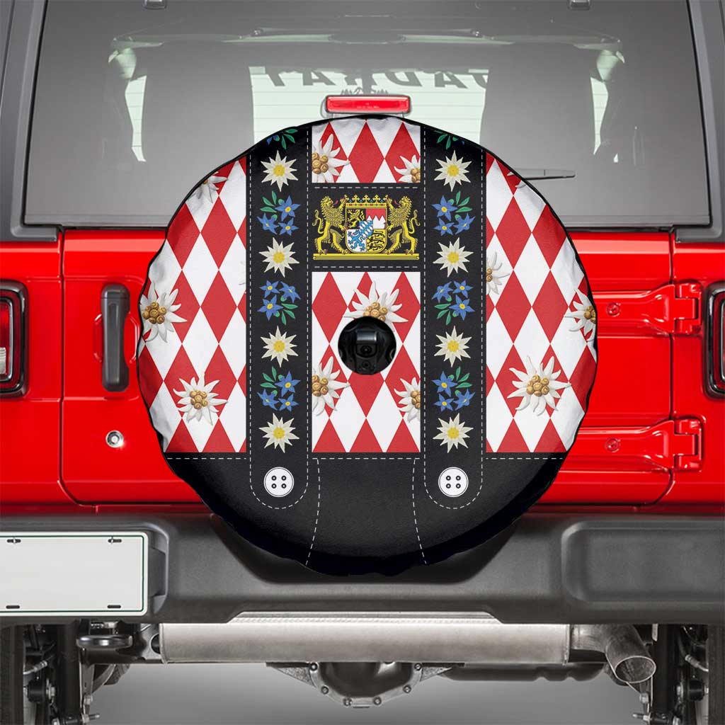 Bavaria Traditional Lederhosen Costume Spare Tire Cover Bavaria Emblem -  Red Plaid Pattern with Edelweiss Flowers - Wonder Print Shop