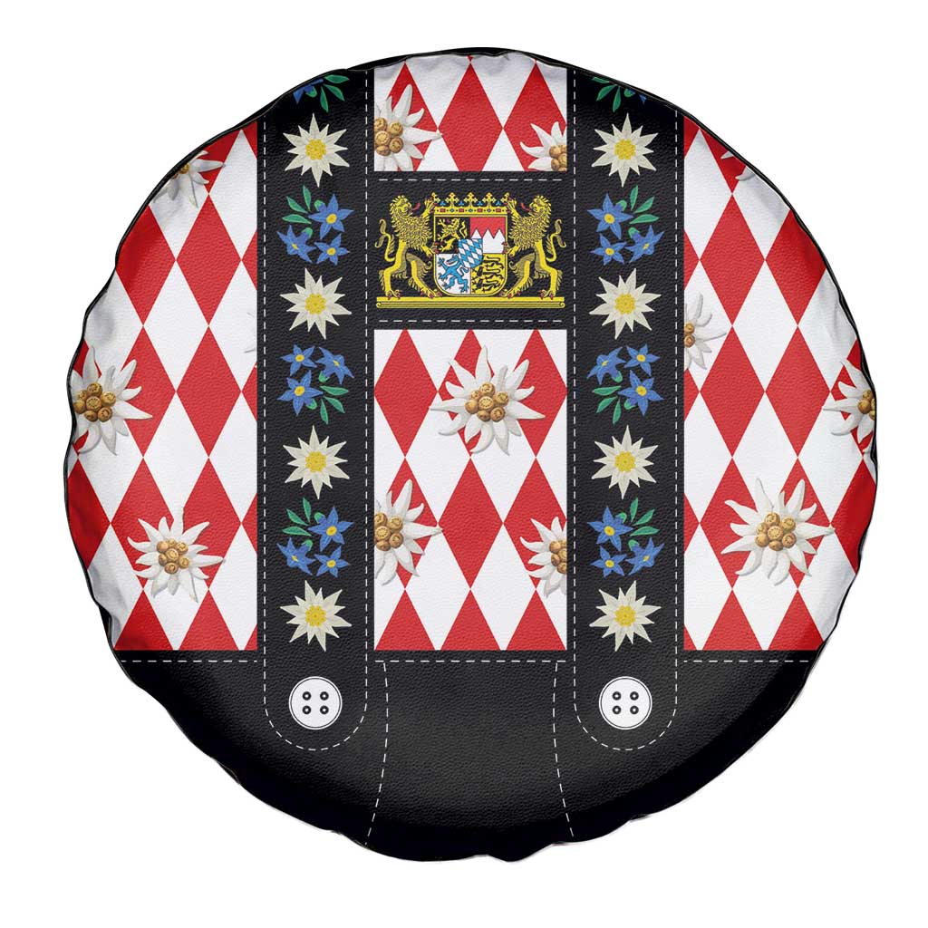 Bavaria Traditional Lederhosen Costume Spare Tire Cover Bavaria Emblem -  Red Plaid Pattern with Edelweiss Flowers - Wonder Print Shop