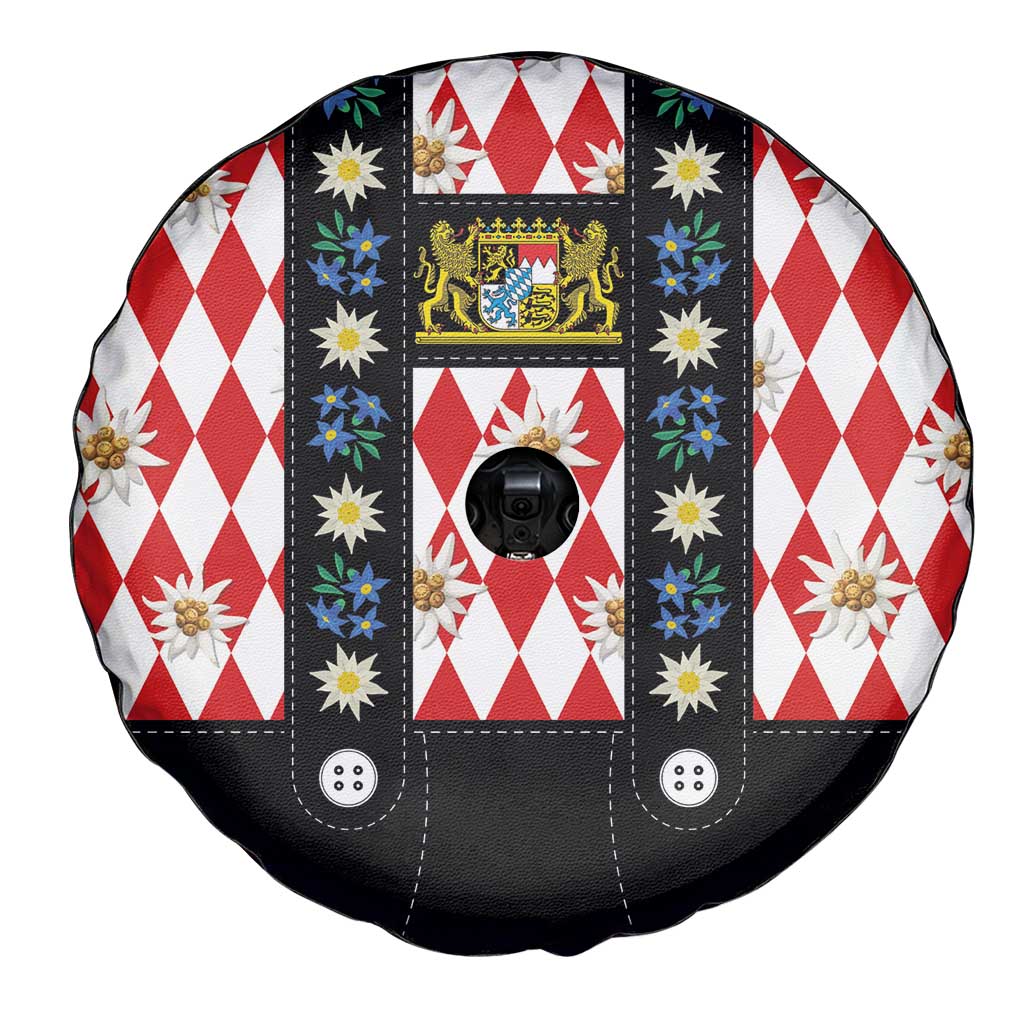 Bavaria Traditional Lederhosen Costume Spare Tire Cover Bavaria Emblem -  Red Plaid Pattern with Edelweiss Flowers - Wonder Print Shop