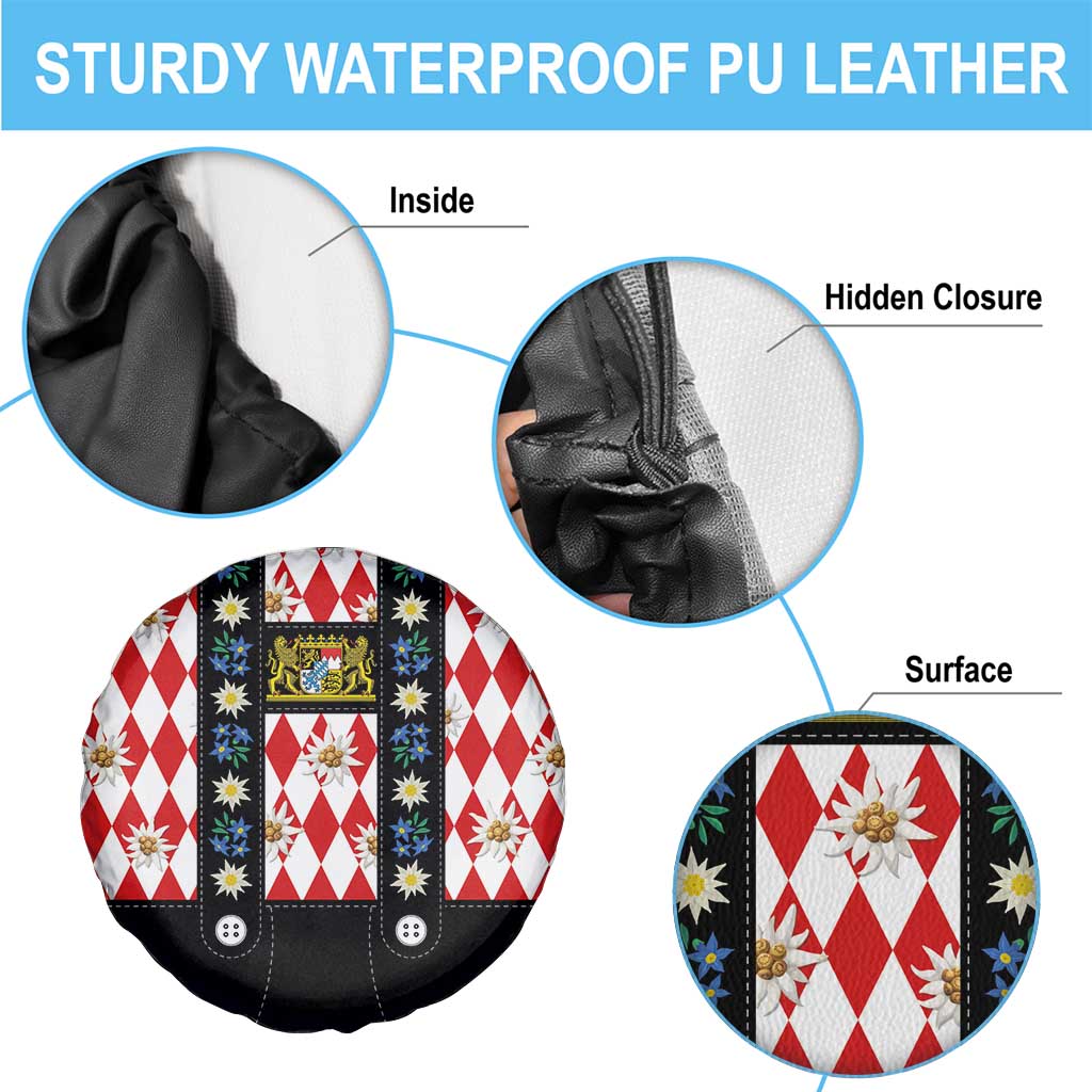 Bavaria Traditional Lederhosen Costume Spare Tire Cover Bavaria Emblem -  Red Plaid Pattern with Edelweiss Flowers - Wonder Print Shop