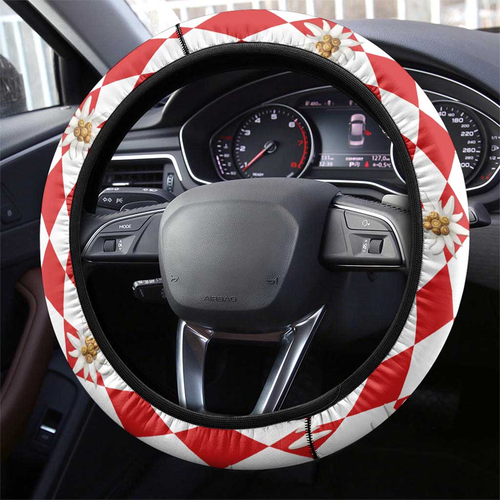 Bavaria Traditional Lederhosen Costume Steering Wheel Cover Bavaria Emblem -  Red Plaid Pattern with Edelweiss Flowers - Wonder Print Shop