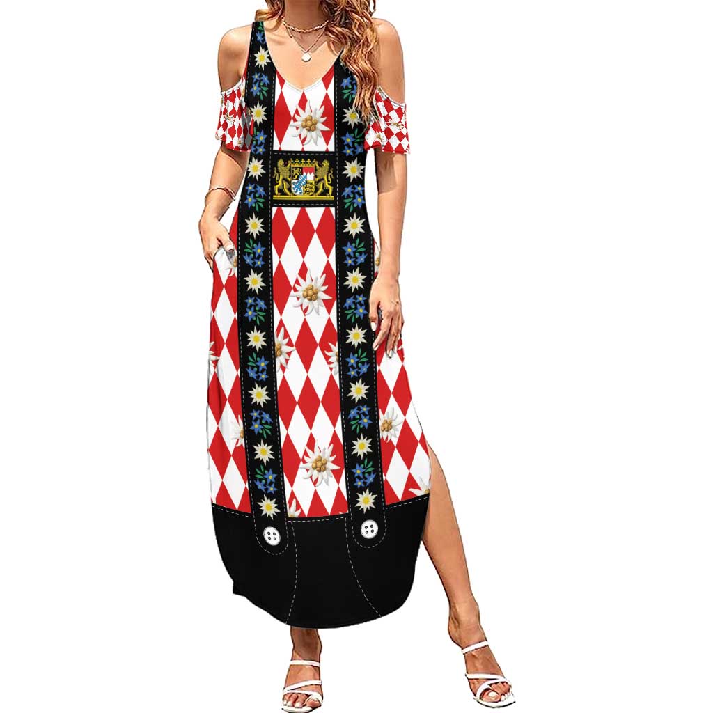 Bavaria Traditional Lederhosen Costume Summer Maxi Dress Bavaria Emblem -  Red Plaid Pattern with Edelweiss Flowers - Wonder Print Shop