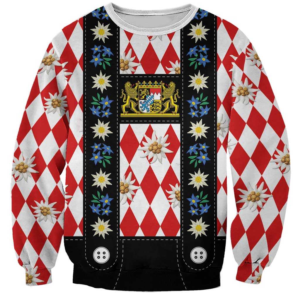 Bavaria Traditional Lederhosen Costume Sweatshirt Bavaria Emblem -  Red Plaid Pattern with Edelweiss Flowers - Wonder Print Shop
