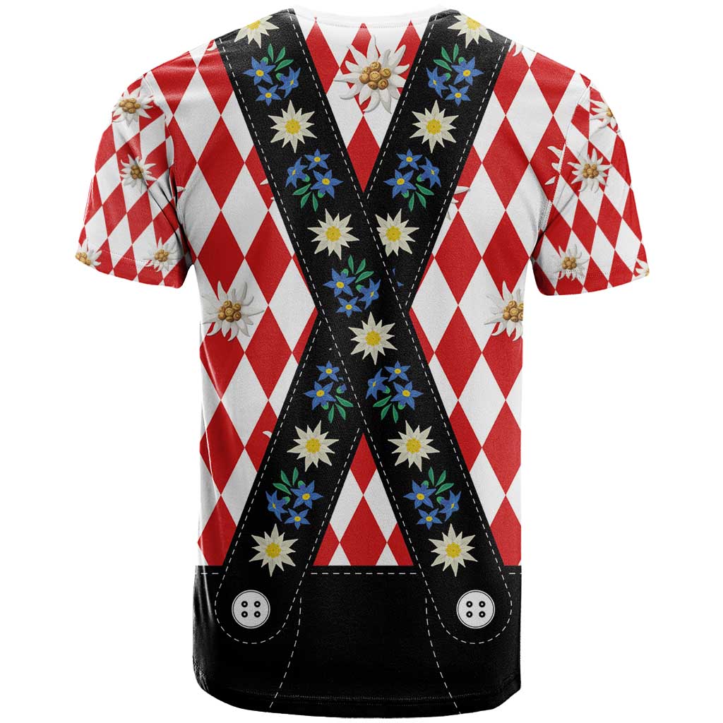 Bavaria Traditional Lederhosen Costume T Shirt Bavaria Emblem -  Red Plaid Pattern with Edelweiss Flowers - Wonder Print Shop