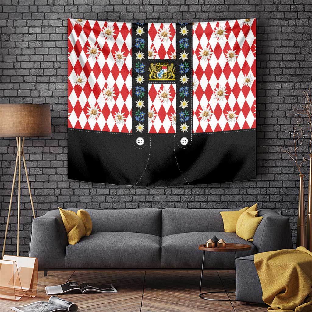 Bavaria Traditional Lederhosen Costume Tapestry Bavaria Emblem -  Red Plaid Pattern with Edelweiss Flowers - Wonder Print Shop