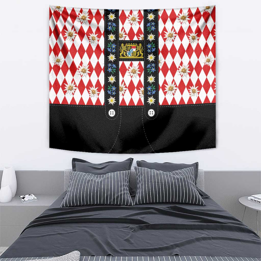 Bavaria Traditional Lederhosen Costume Tapestry Bavaria Emblem -  Red Plaid Pattern with Edelweiss Flowers - Wonder Print Shop