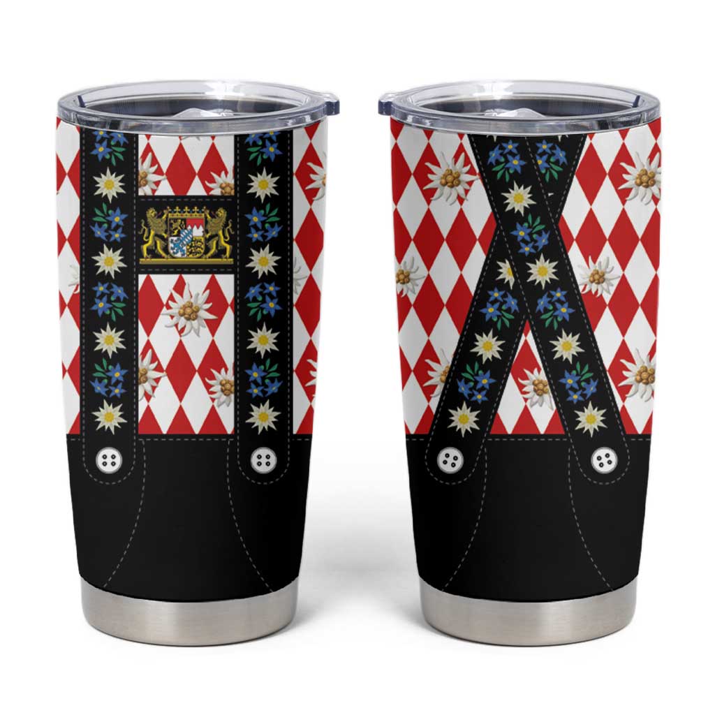 Traditional Bavarian Costume - Lederhosen Tumbler Cup Bavaria Emblem -  Red Plaid Pattern with Edelweiss Flowers - Wonder Print Shop