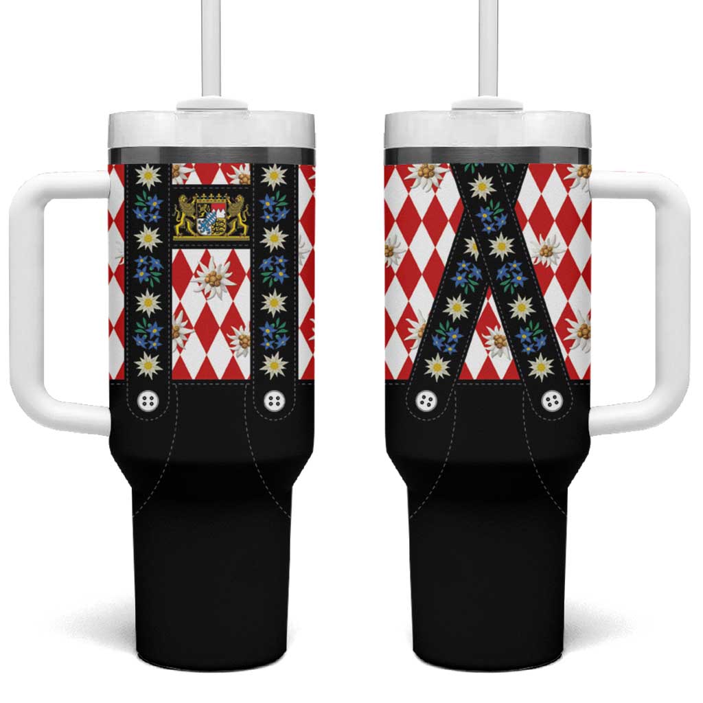 Traditional Bavarian Costume - Lederhosen Tumbler With Handle Bavaria Emblem -  Red Plaid Pattern with Edelweiss Flowers - Wonder Print Shop