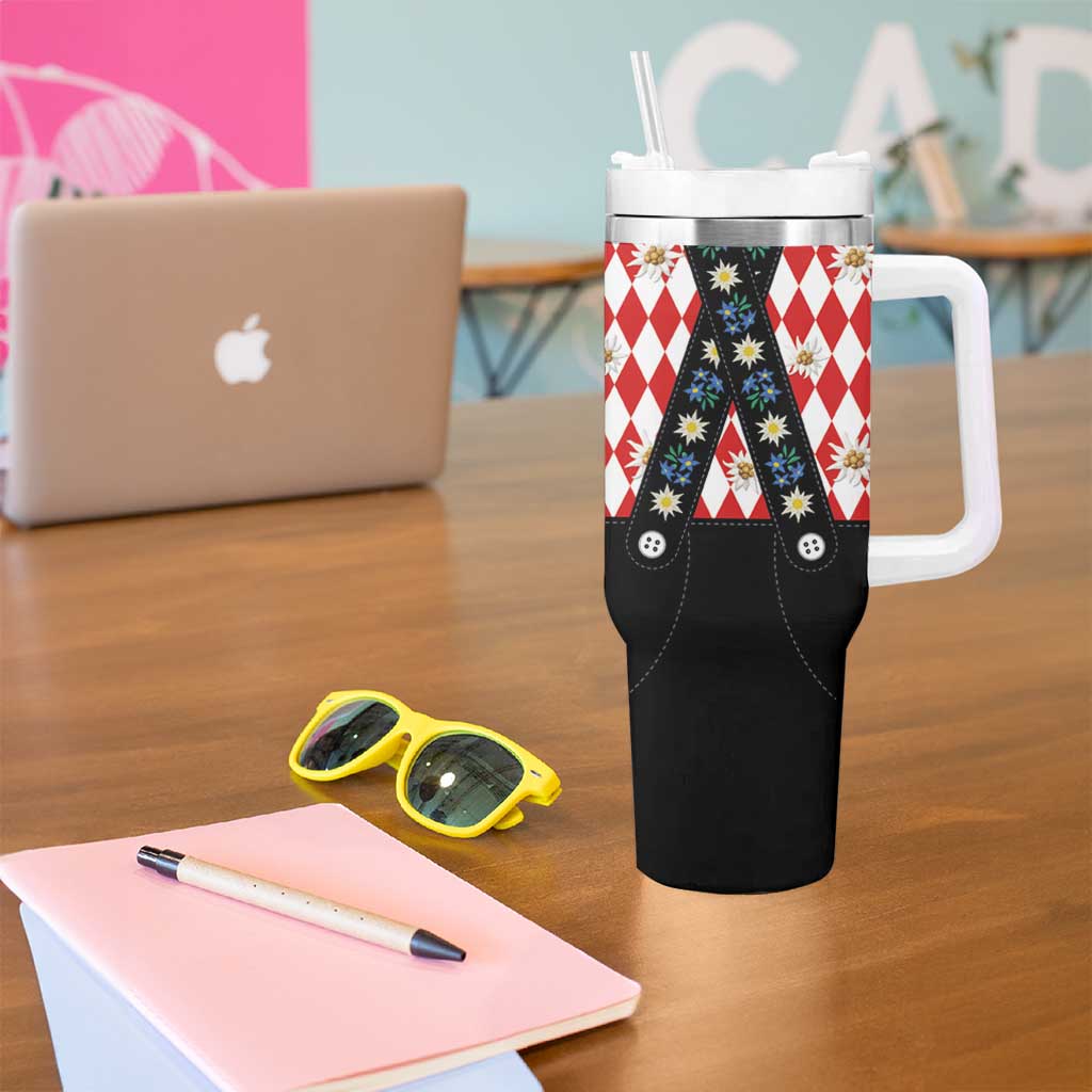 Traditional Bavarian Costume - Lederhosen Tumbler With Handle Bavaria Emblem -  Red Plaid Pattern with Edelweiss Flowers - Wonder Print Shop