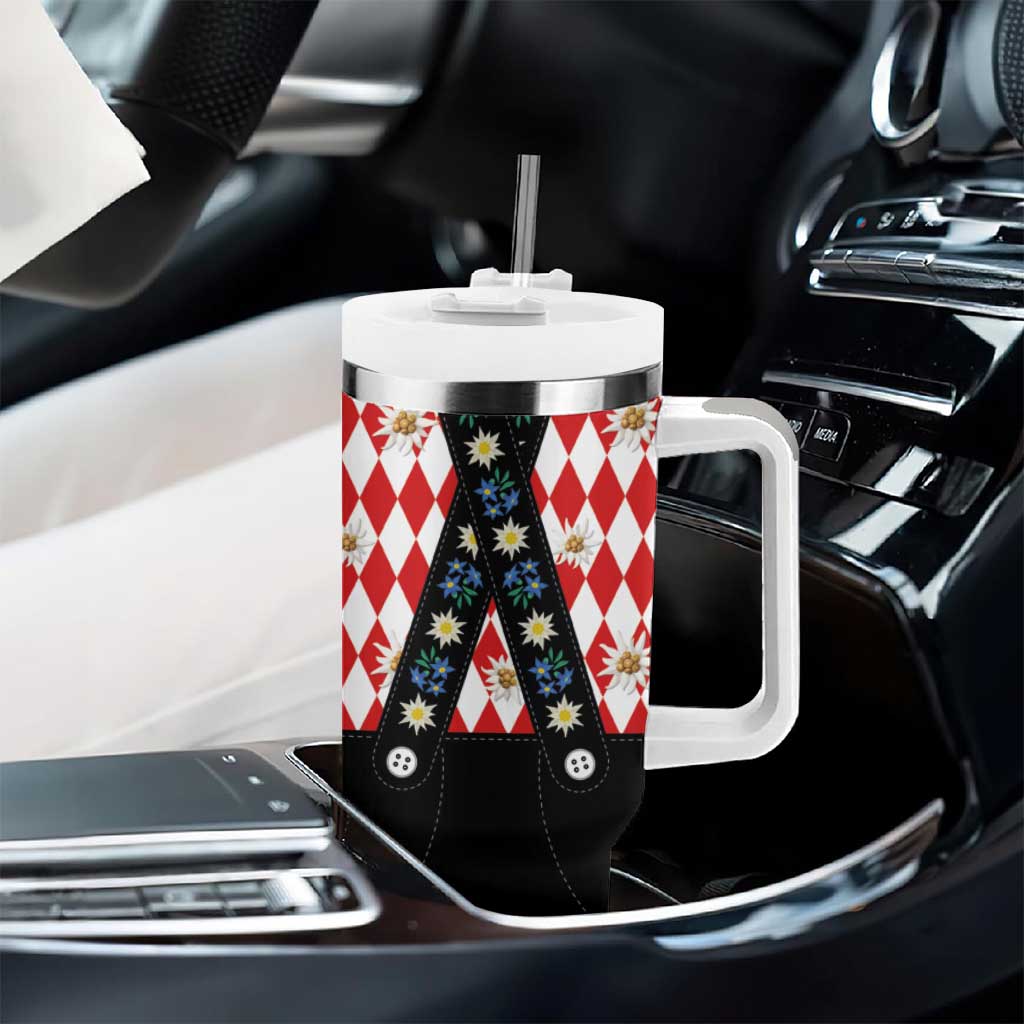 Traditional Bavarian Costume - Lederhosen Tumbler With Handle Bavaria Emblem -  Red Plaid Pattern with Edelweiss Flowers - Wonder Print Shop