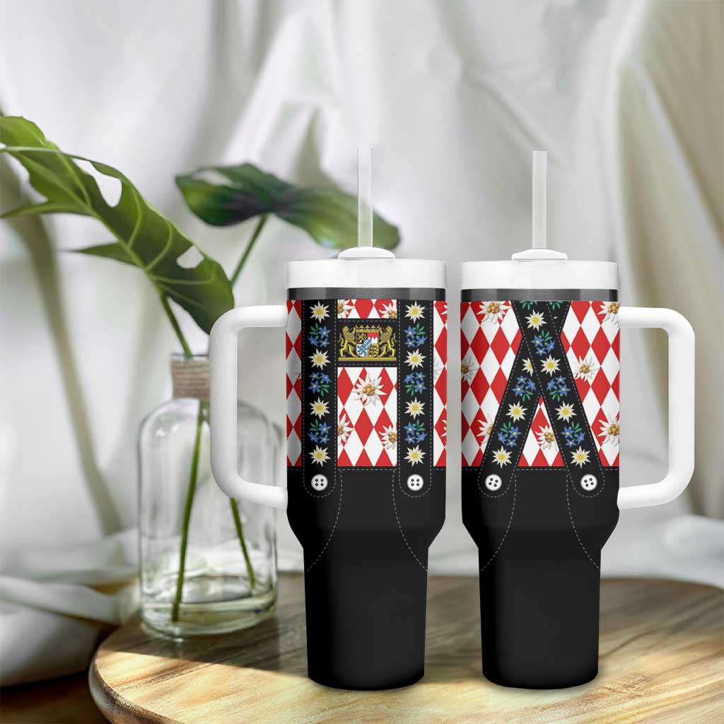 Traditional Bavarian Costume - Lederhosen Tumbler With Handle Bavaria Emblem -  Red Plaid Pattern with Edelweiss Flowers - Wonder Print Shop