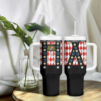 Traditional Bavarian Costume - Lederhosen Tumbler With Handle Bavaria Emblem -  Red Plaid Pattern with Edelweiss Flowers - Wonder Print Shop